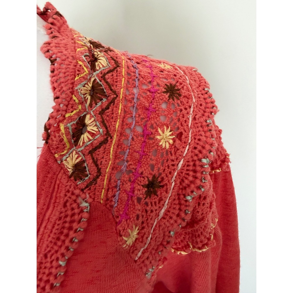 Free People Coral Pink Crochet Embroidered Henley Boho Long Sleeve Top Women M - Picture 11 of 15